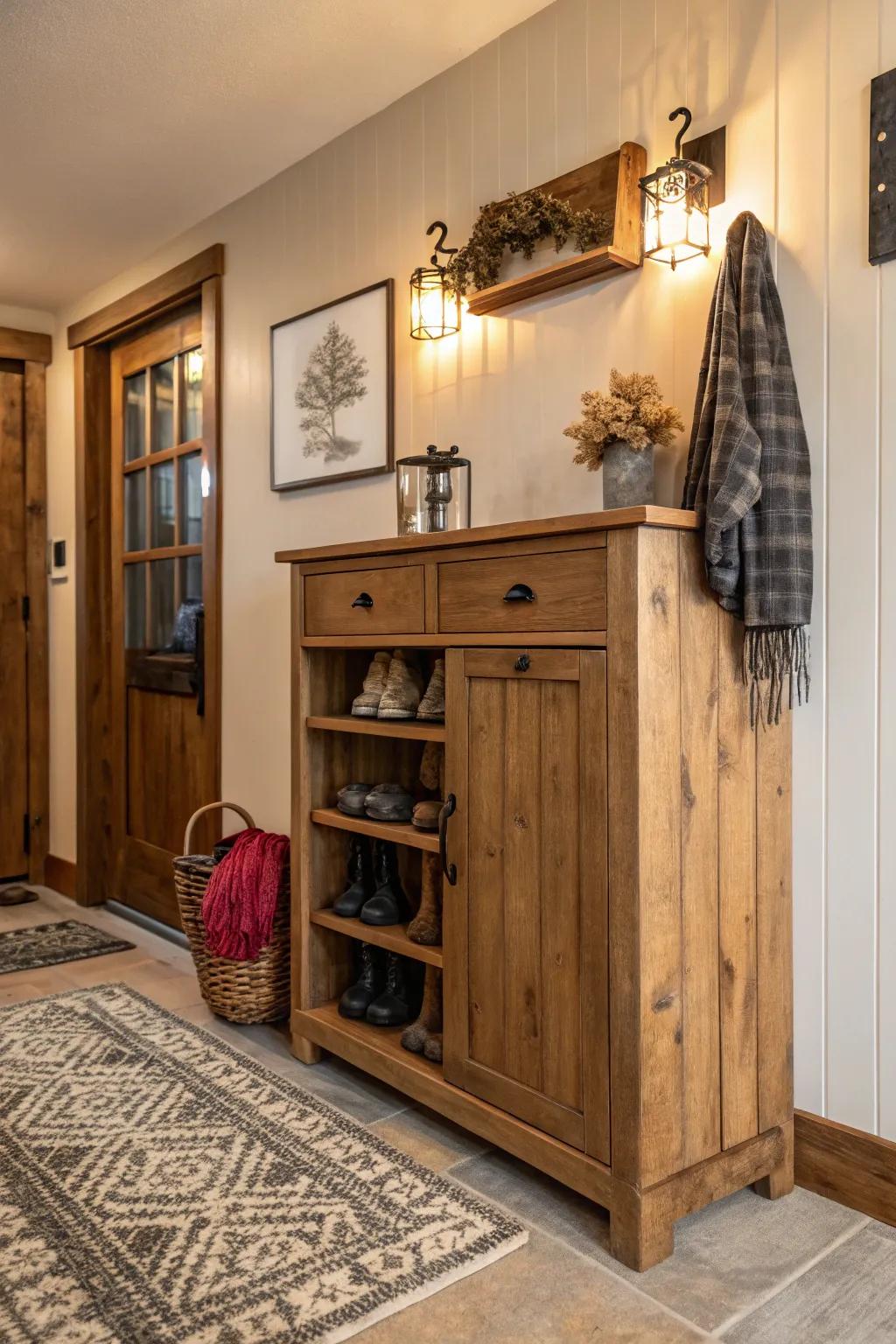 A wooden shoe cabinet with a country style, adding charm to the entryway.