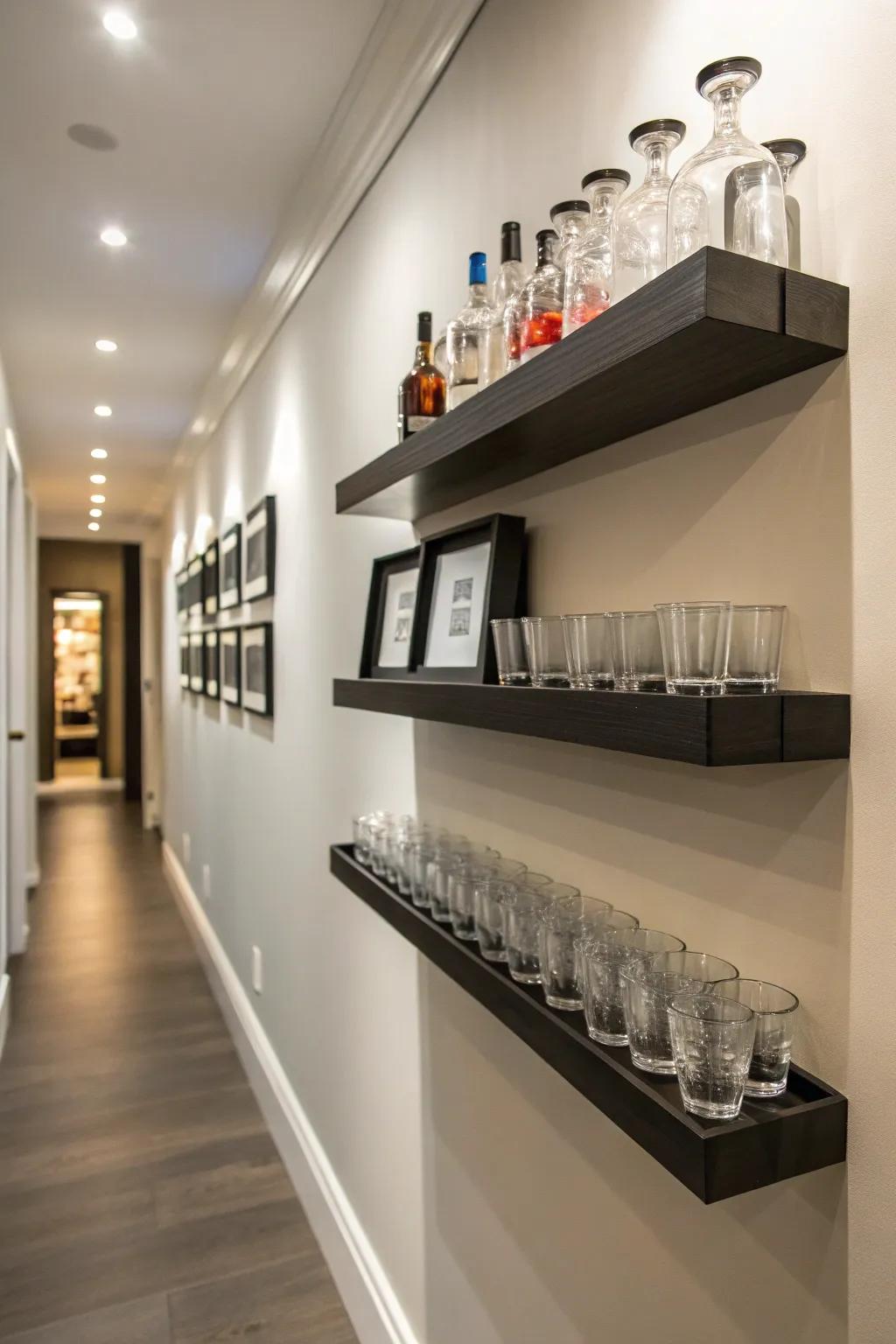 A passageway showcasing suspended platforms replete with commemorative glasses, thereby conceiving a minimalist aesthetic.
