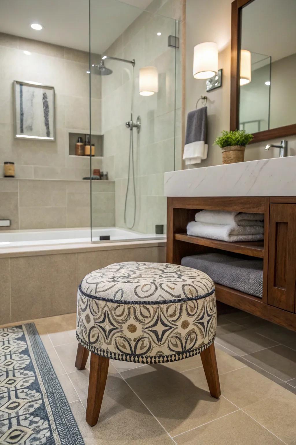 Ornamental details like perches contribute charm and functionality to the shower space.