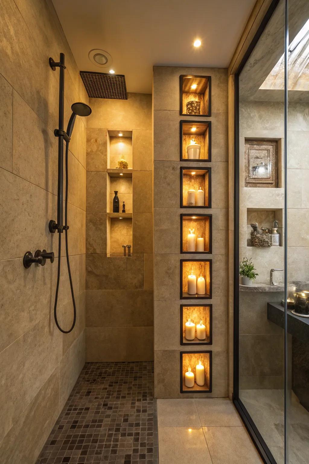 Shelves lit up add charm and use to the shower.