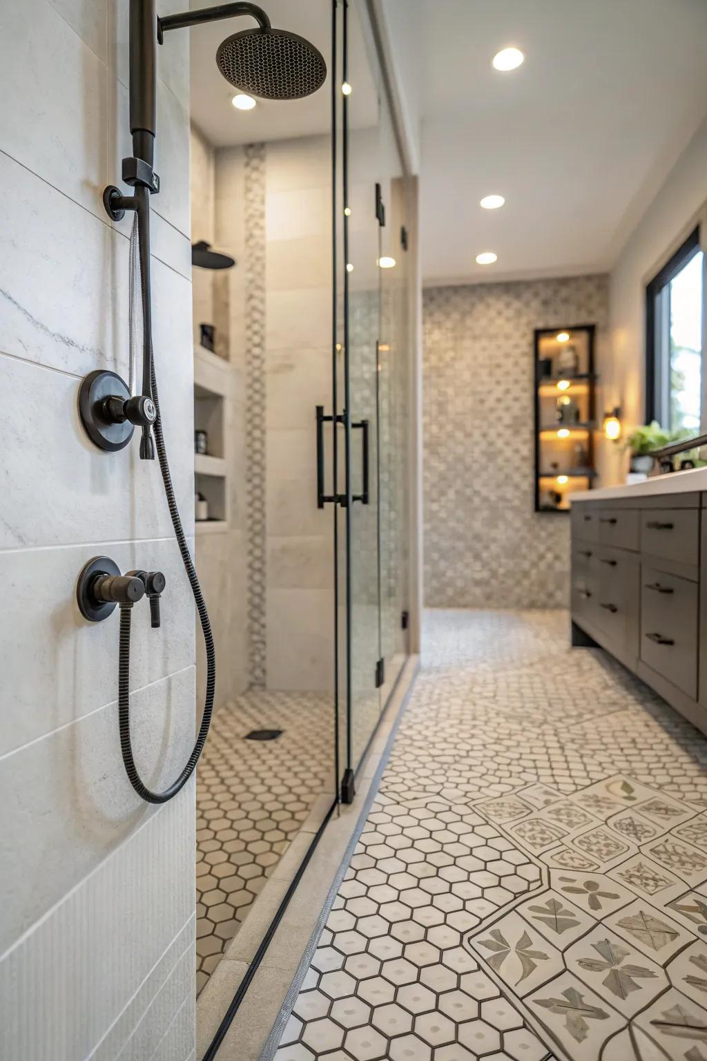 Textured tiles combine safety and style in shower design.