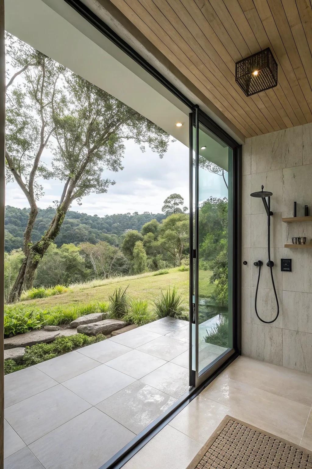 A shower room designed to showcase beautiful outdoor views.