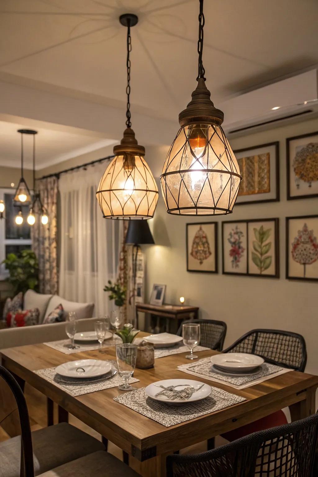 Chandelier lights evoke an intimate ambiance for dining affairs.