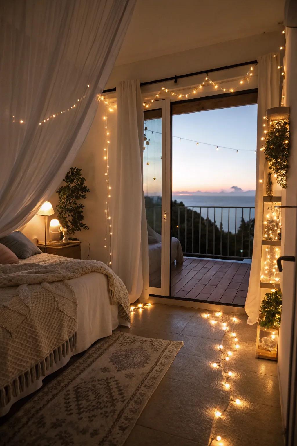 Ambient lighting enhancing both the bedroom and balcony.
