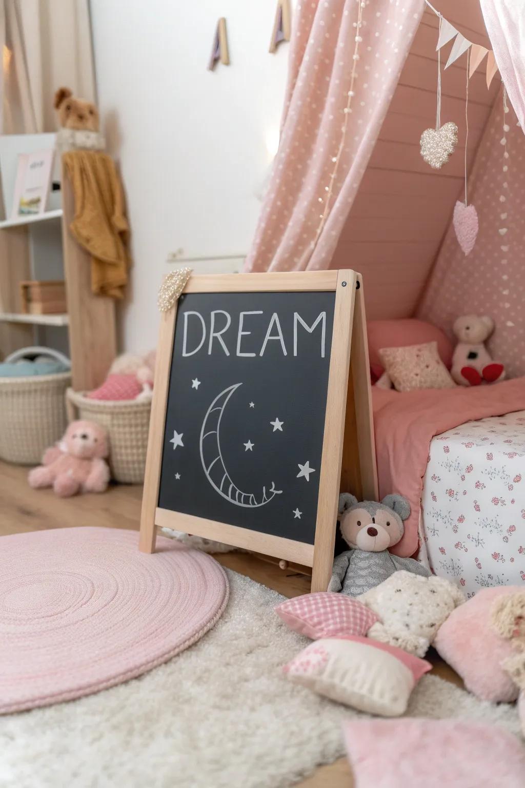 Child's bedroom chalkboard featuring a dream-inspired quote.