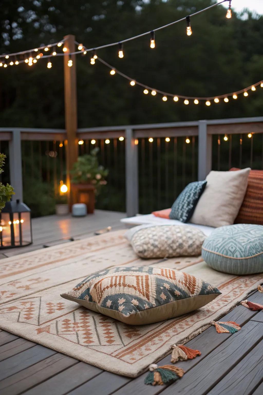 Establish a warm and inviting ambiance on your deck with soft textiles and lighting.