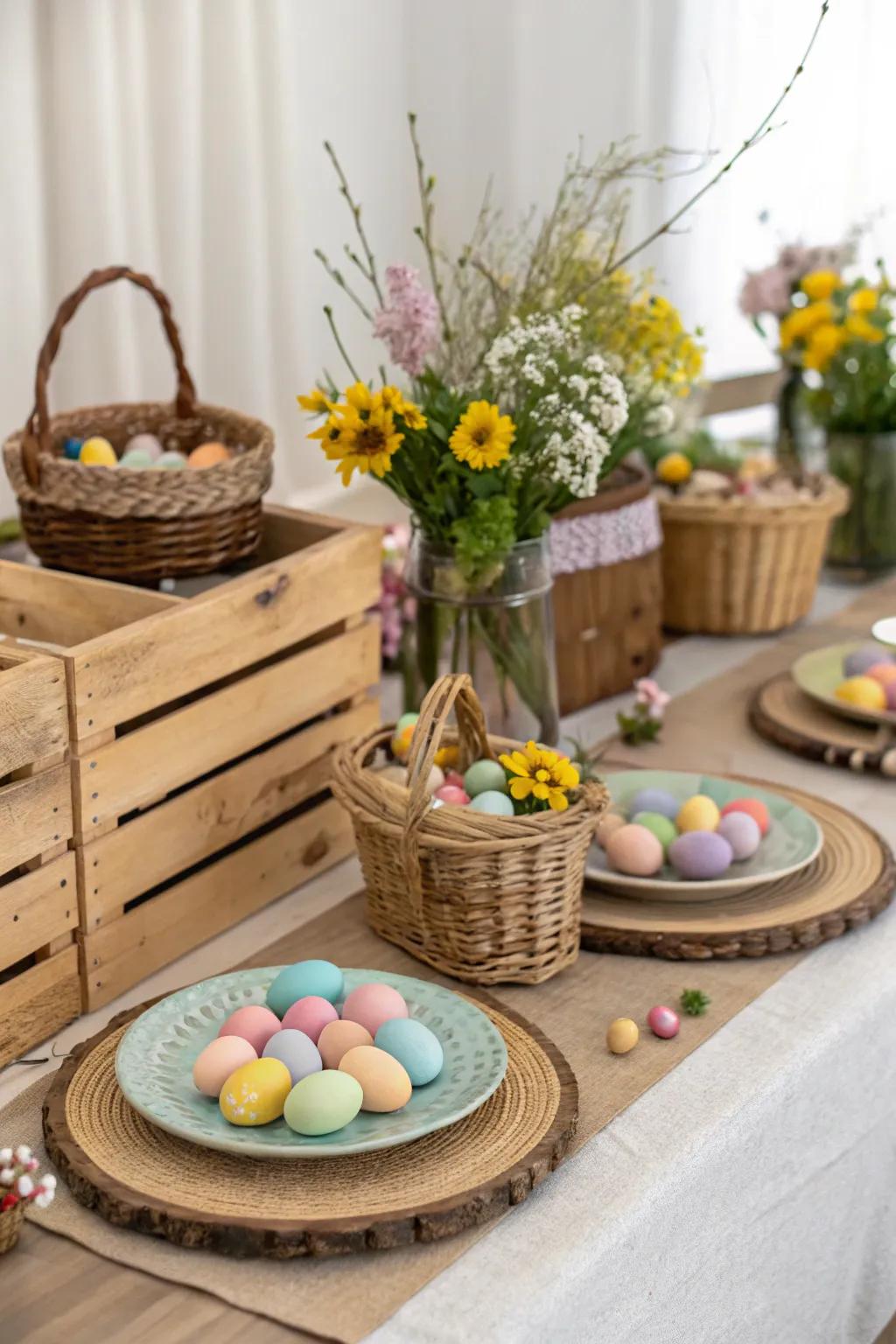 Wooden elements introduce a rustic accent to the table.