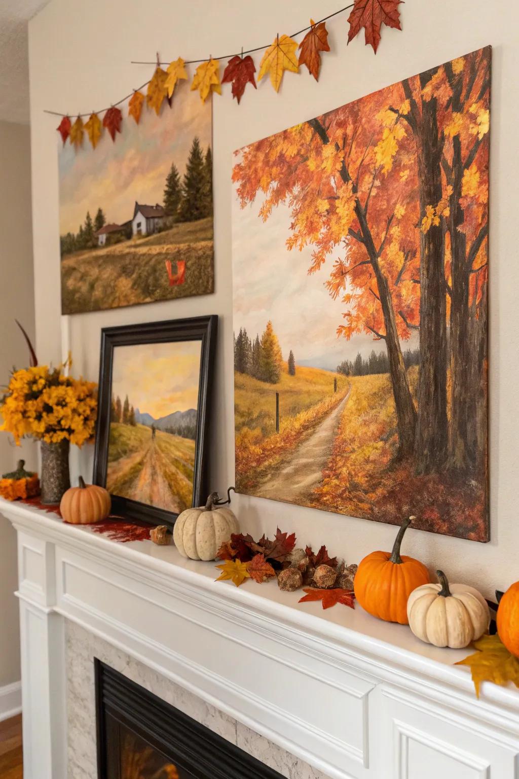 Autumn artwork that refines the seasonal motif of the mantel.