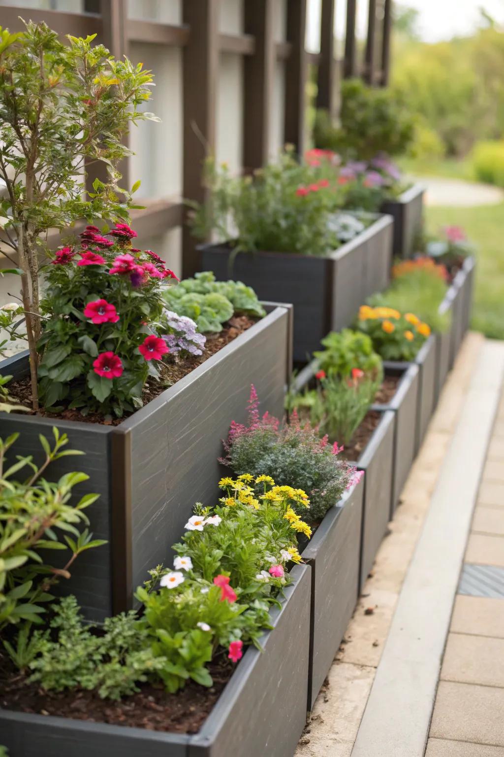 A confined flower bed layout maximizes space without compromising aesthetic value.