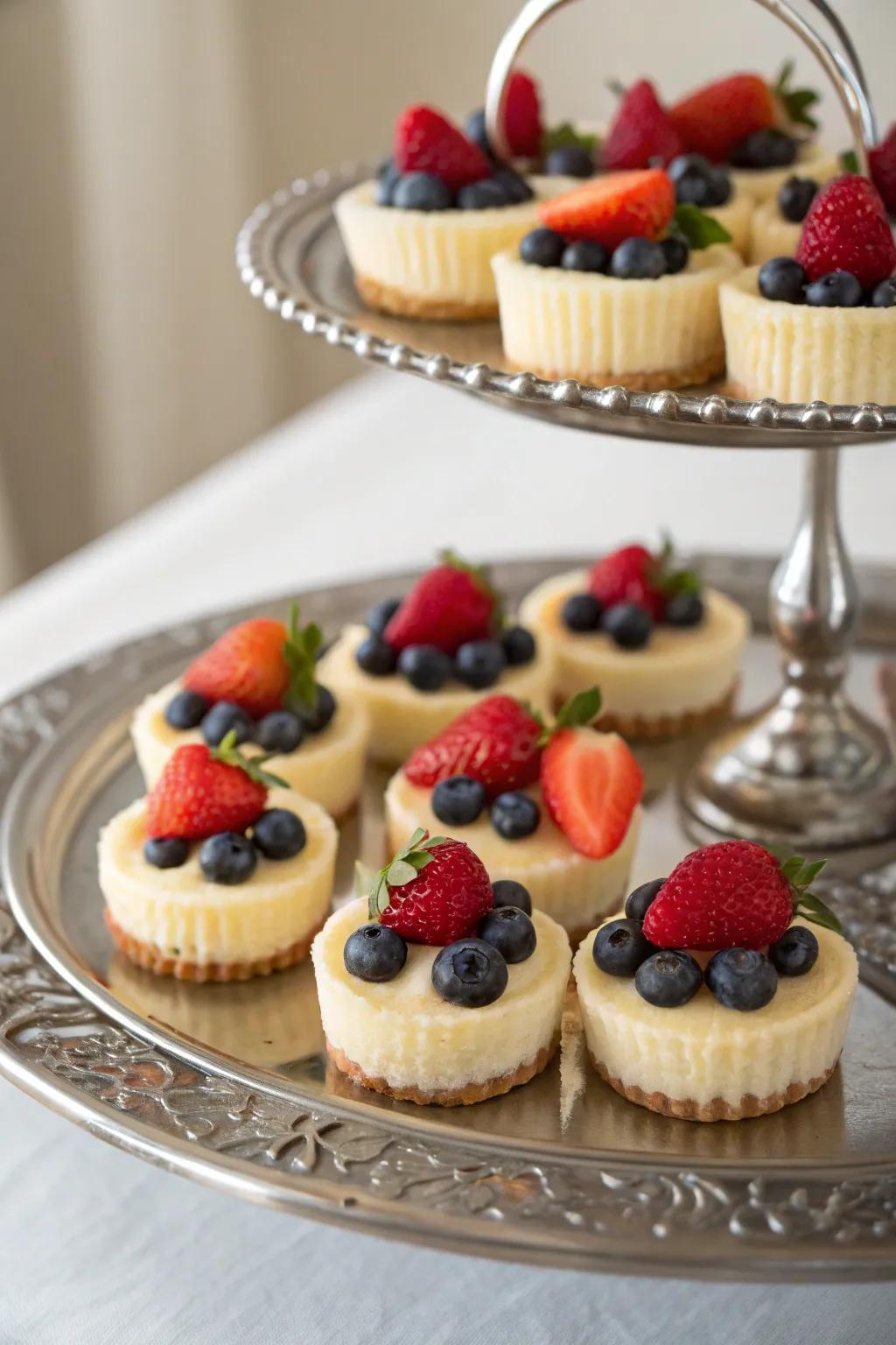 Sophisticated bite-sized cheesecake treats topped with fresh berries.