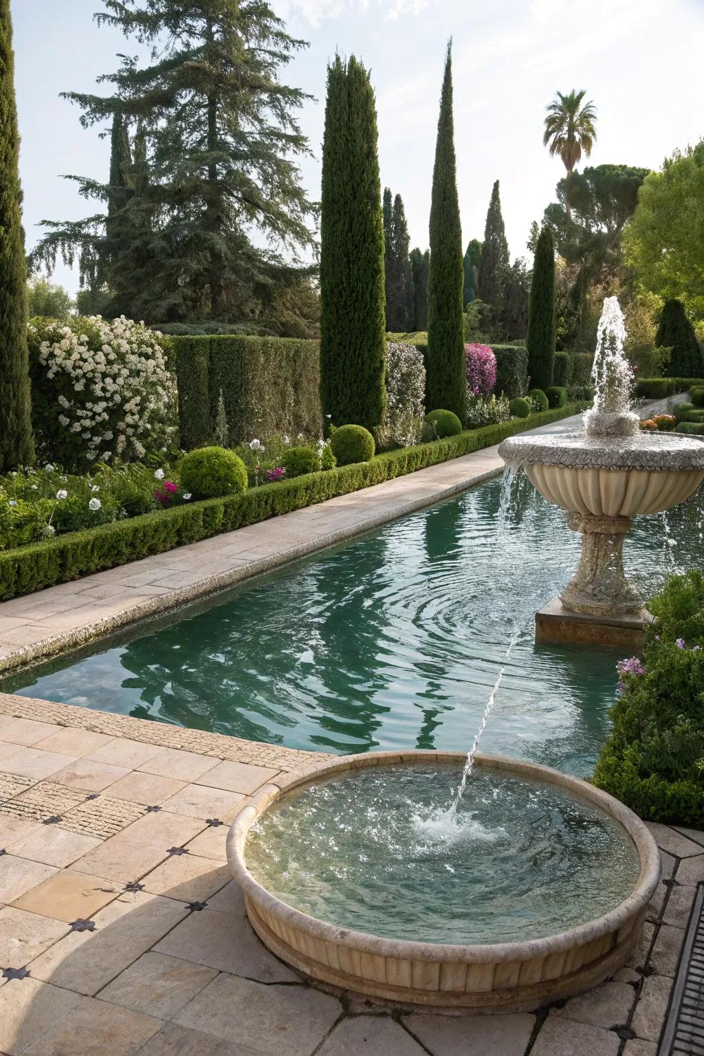 A peaceful water feature adding grace to the pool area.