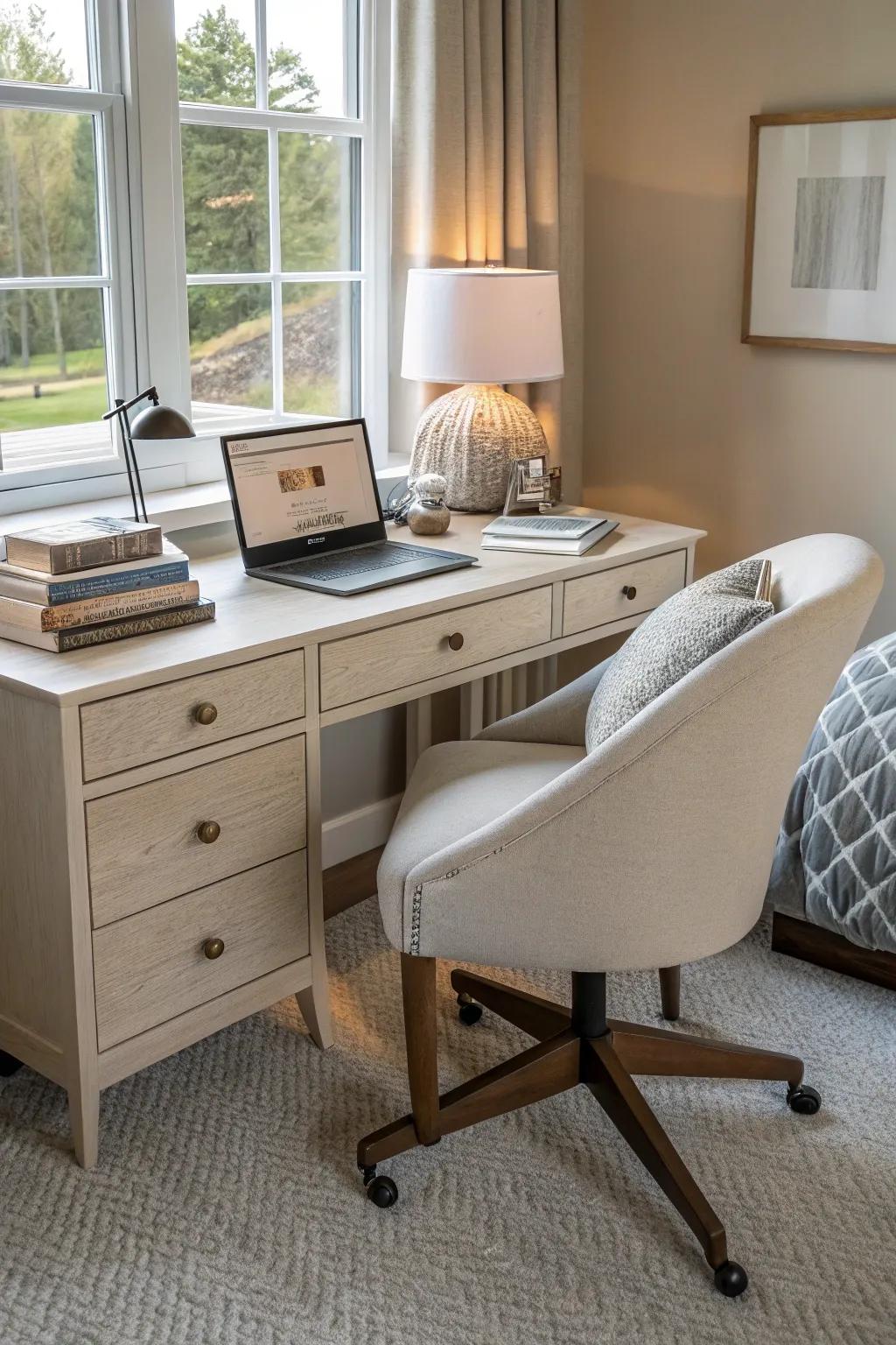 A practical and stylish work area within the bedroom.