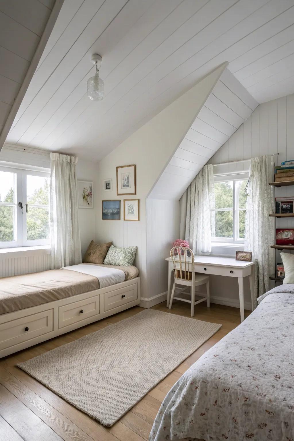 This attic bedroom has a spacious and serene feel thanks to the light colours used.