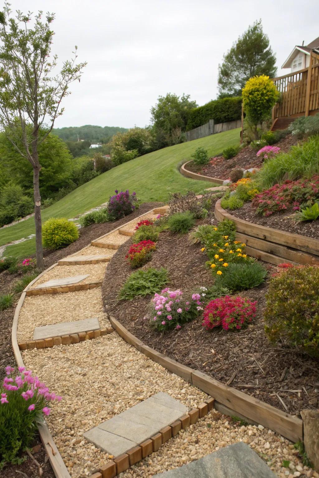 Ornamental wood chips and pebbles introduce texture to this landscaped slope.