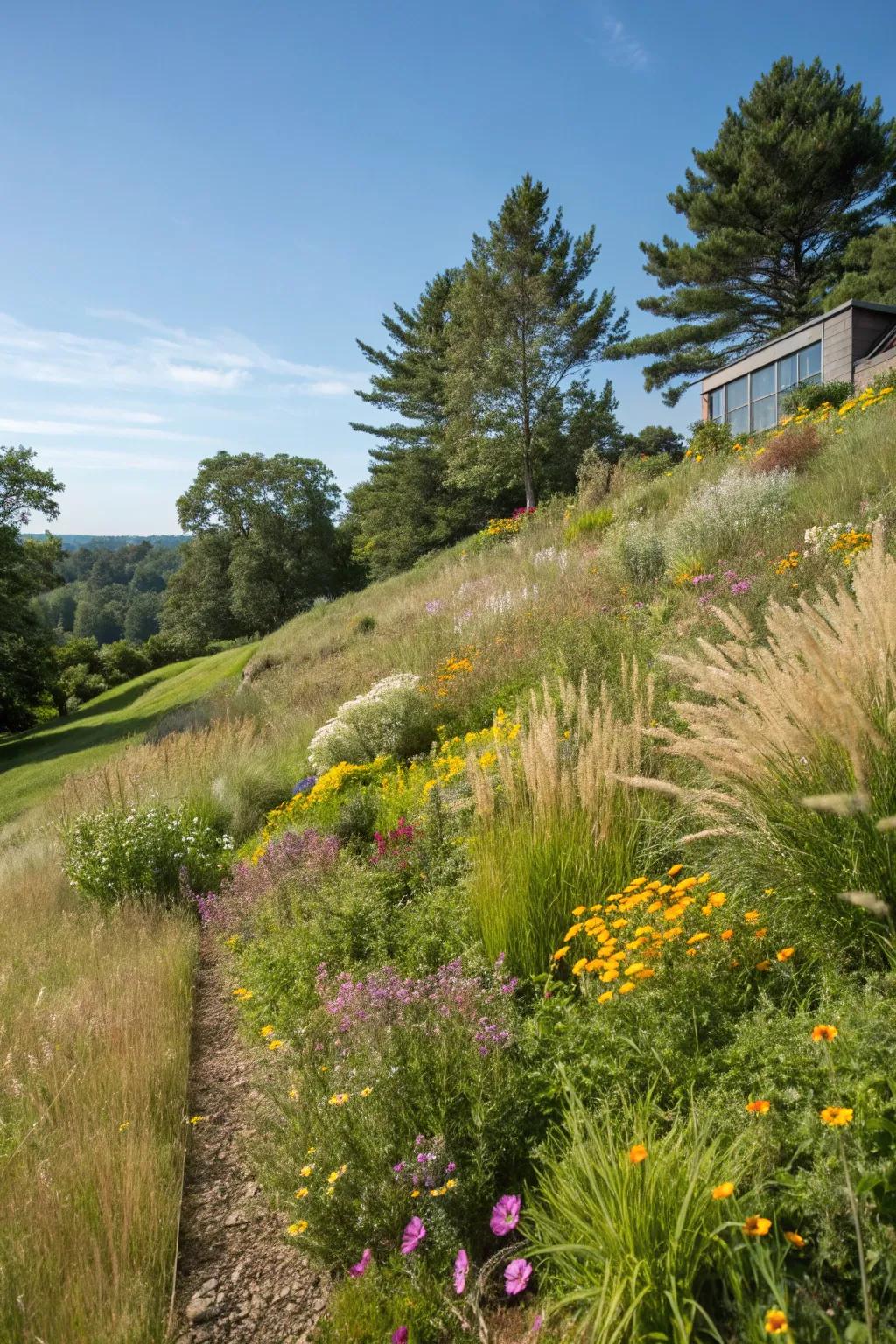 Undeveloped landscaping thrives beautifully on slopes.