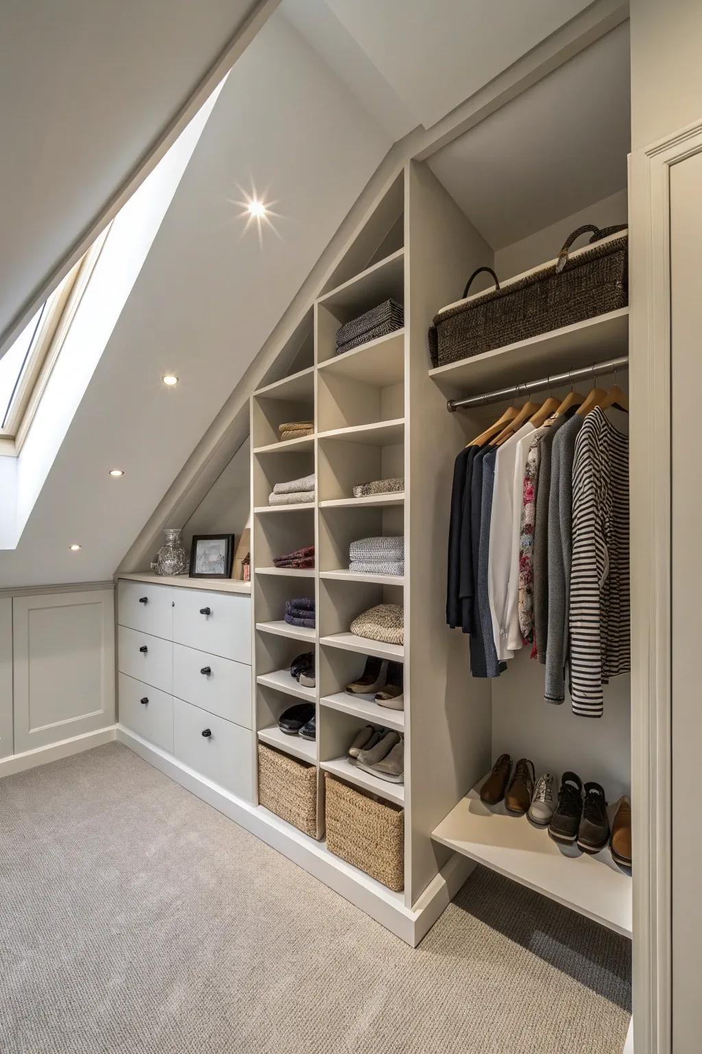 Stepped shelves turn awkward angles into valuable storage space.