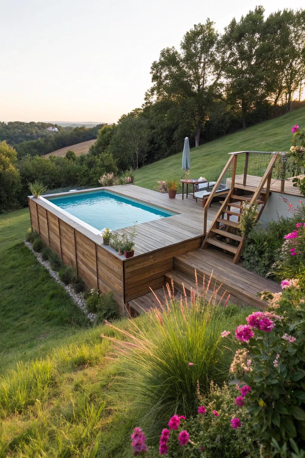 An elevated above-ground pool maximizing a sloped yard.