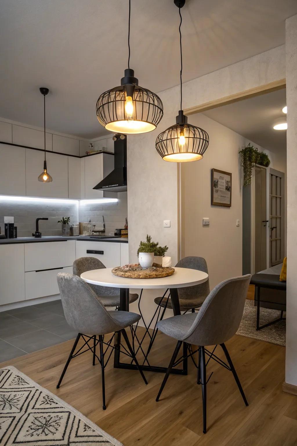 Hanging lighting adds style without taking up floor space.