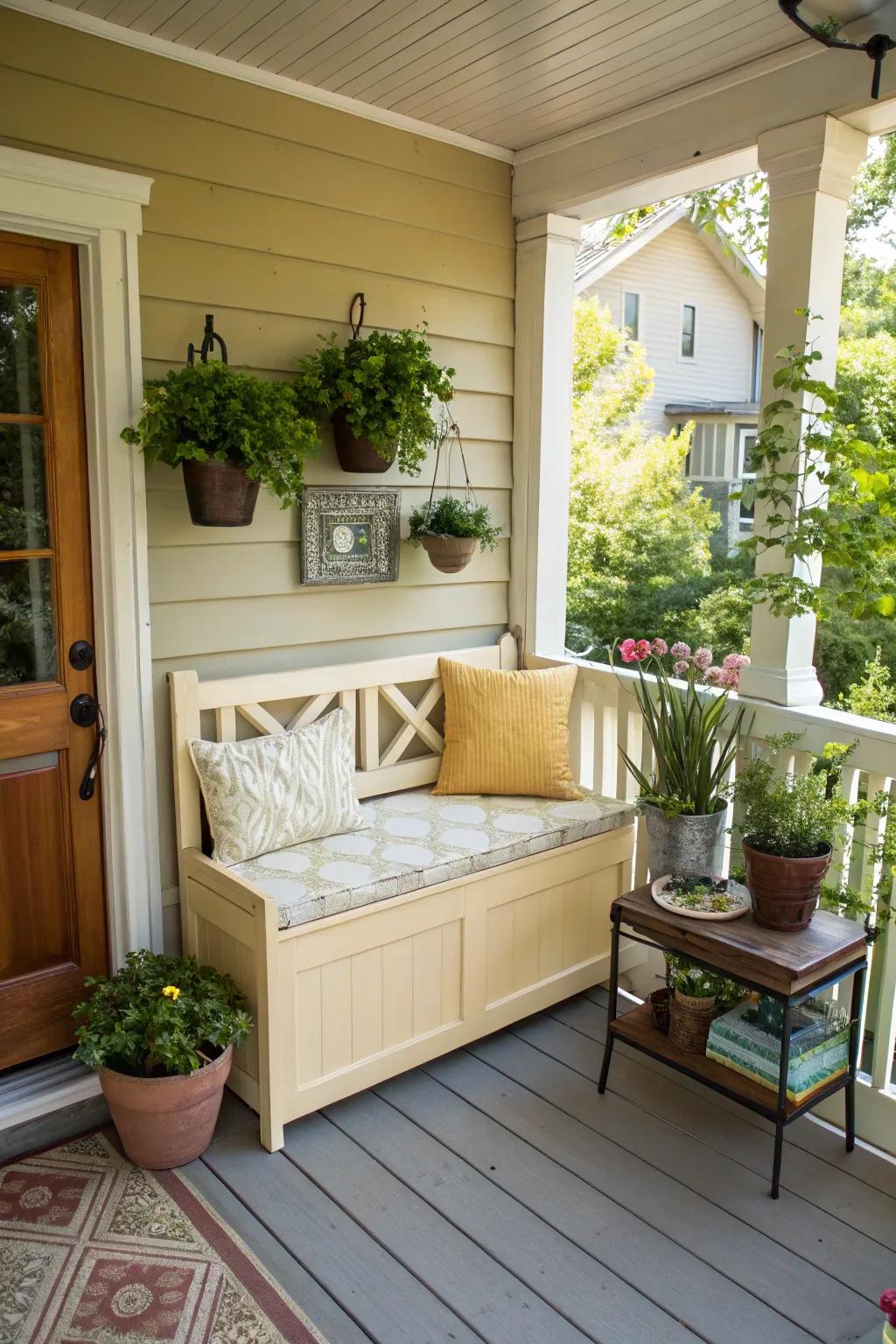 A multipurpose bench appends seating and storage to a modest porch.