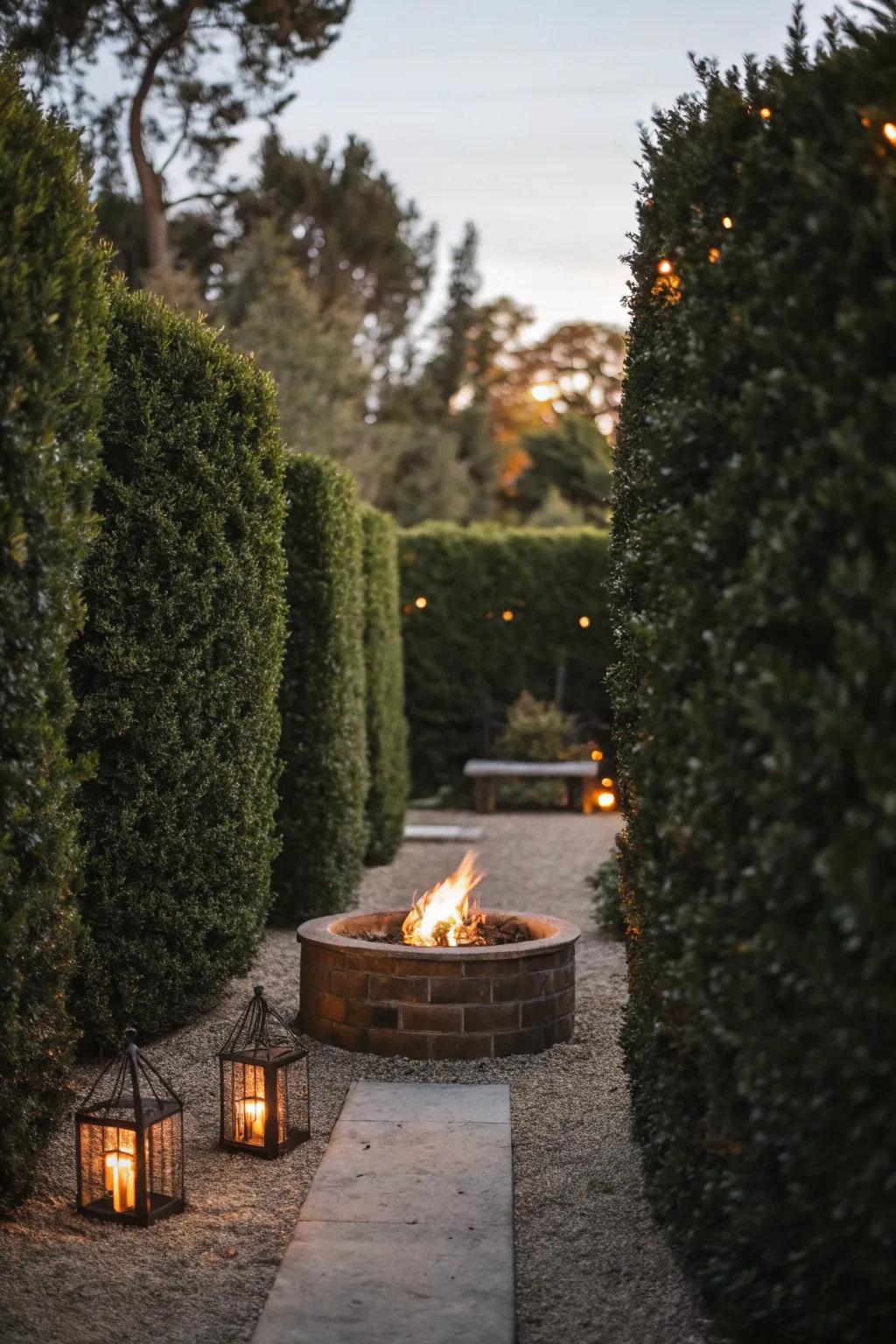 Tall hedges provide seclusion and a feeling of privacy near the fire pit.