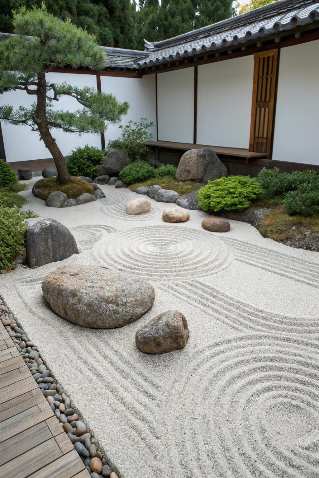 A minimalist zen garden features rocks and patterned sand for a calming, simple design.