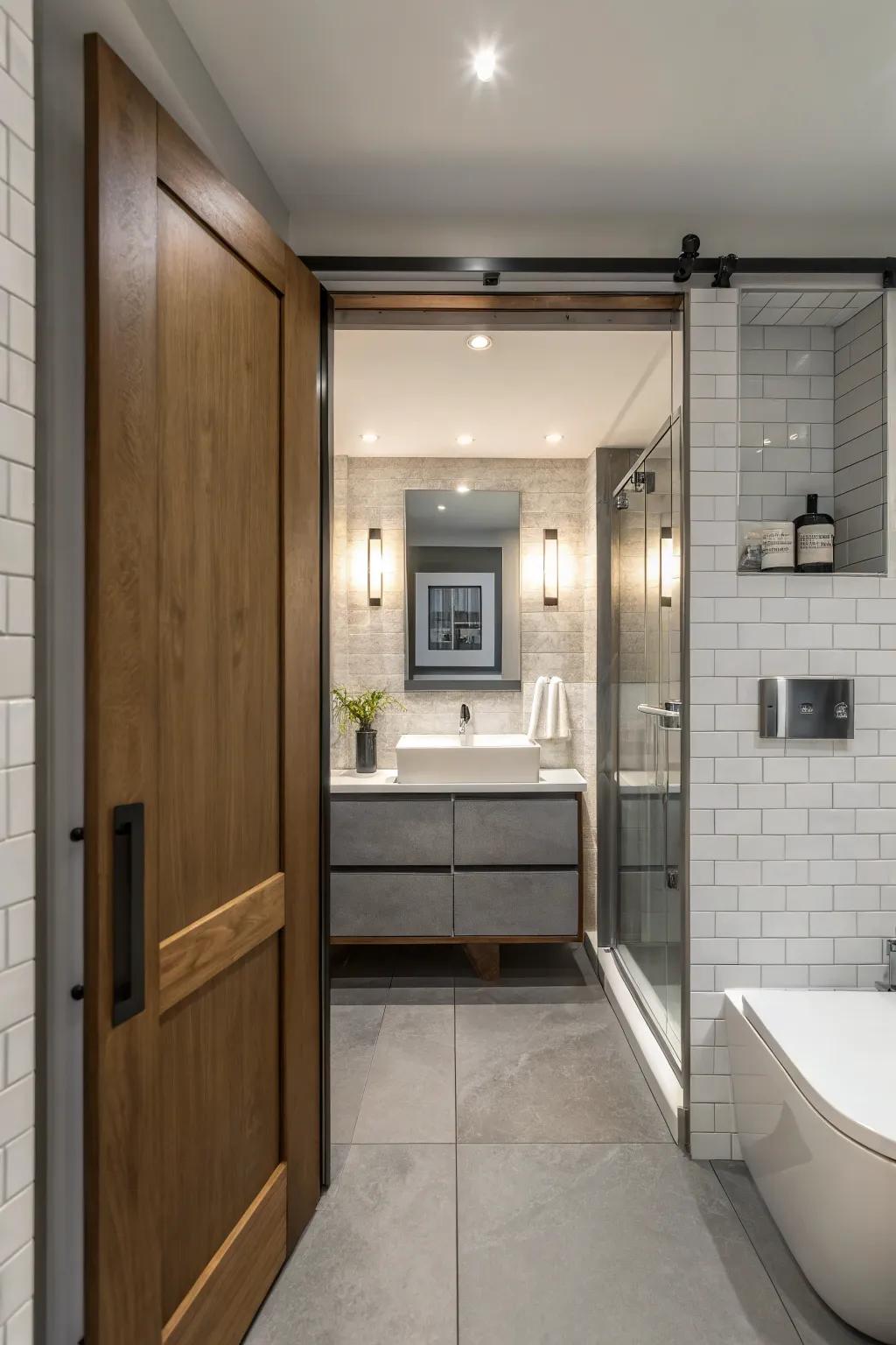 A pocket door enhances space efficiency in a compact bathroom.