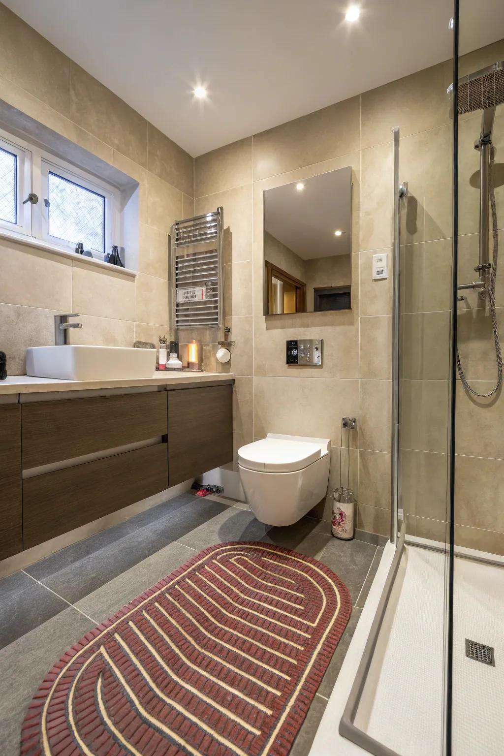 In-floor heating delivers warmth without occupying space.