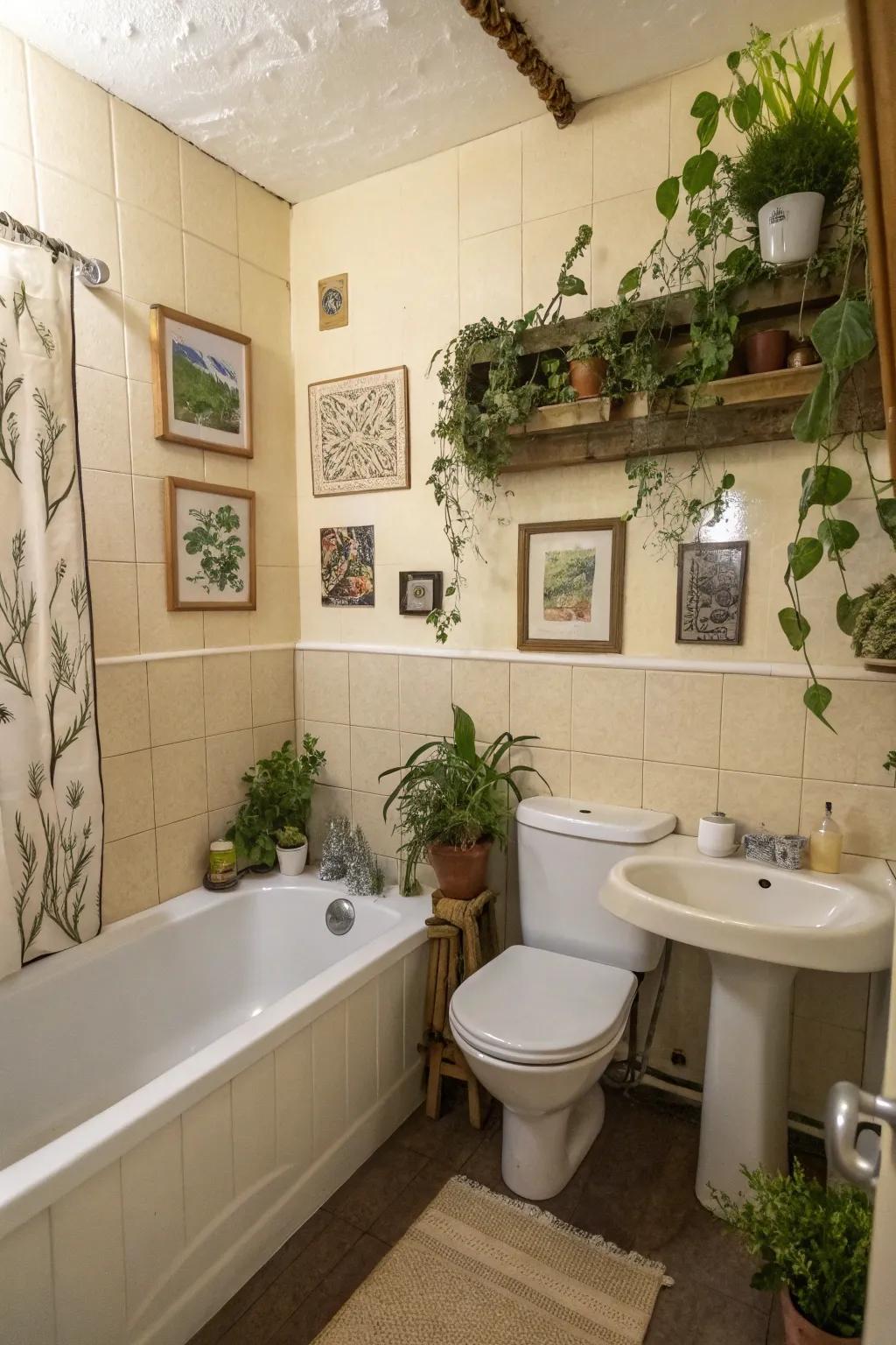 A personalized, compact bathroom enhanced with greenery and art.