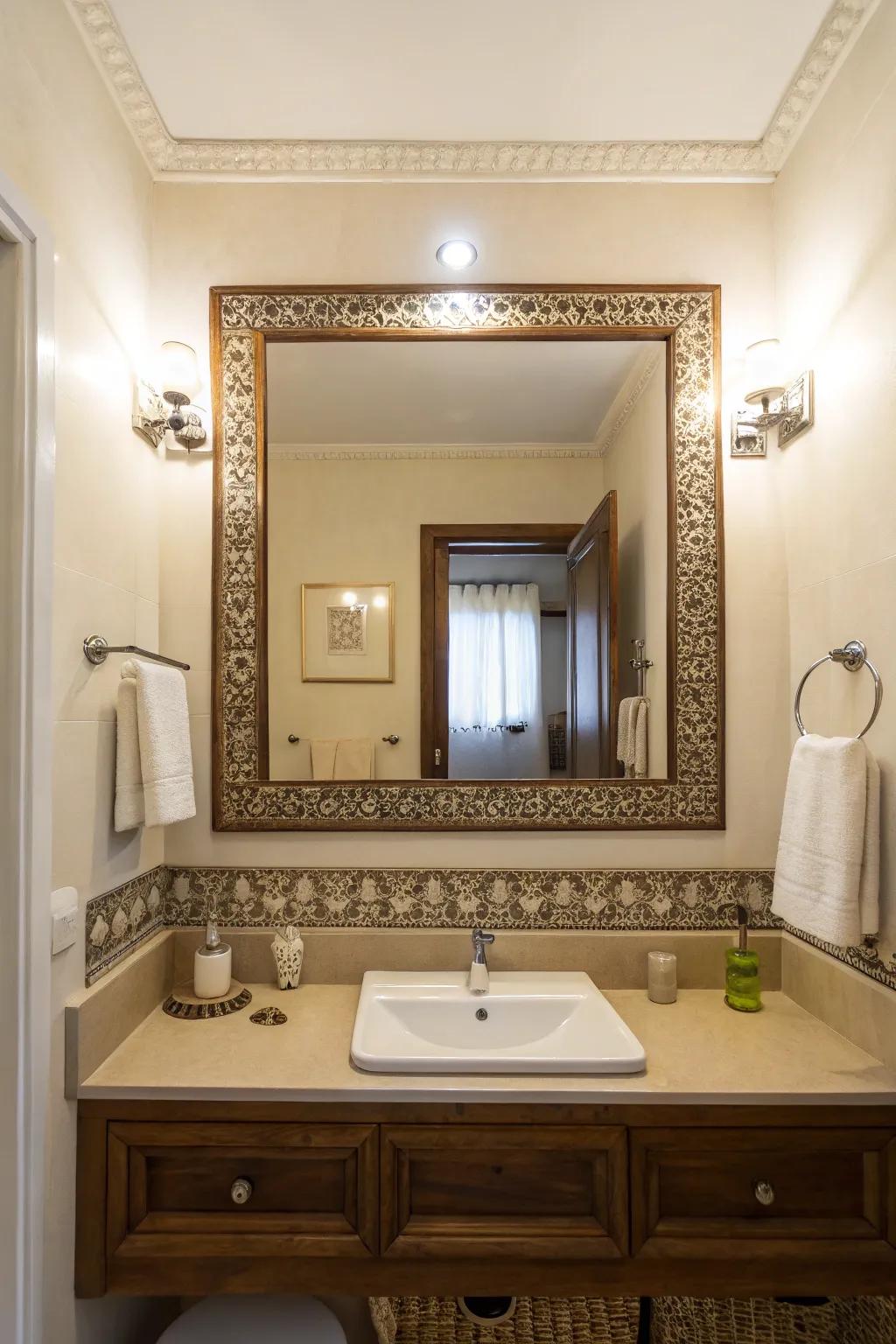 Elaborate looking-glass reflects illumination, enhancing the area.