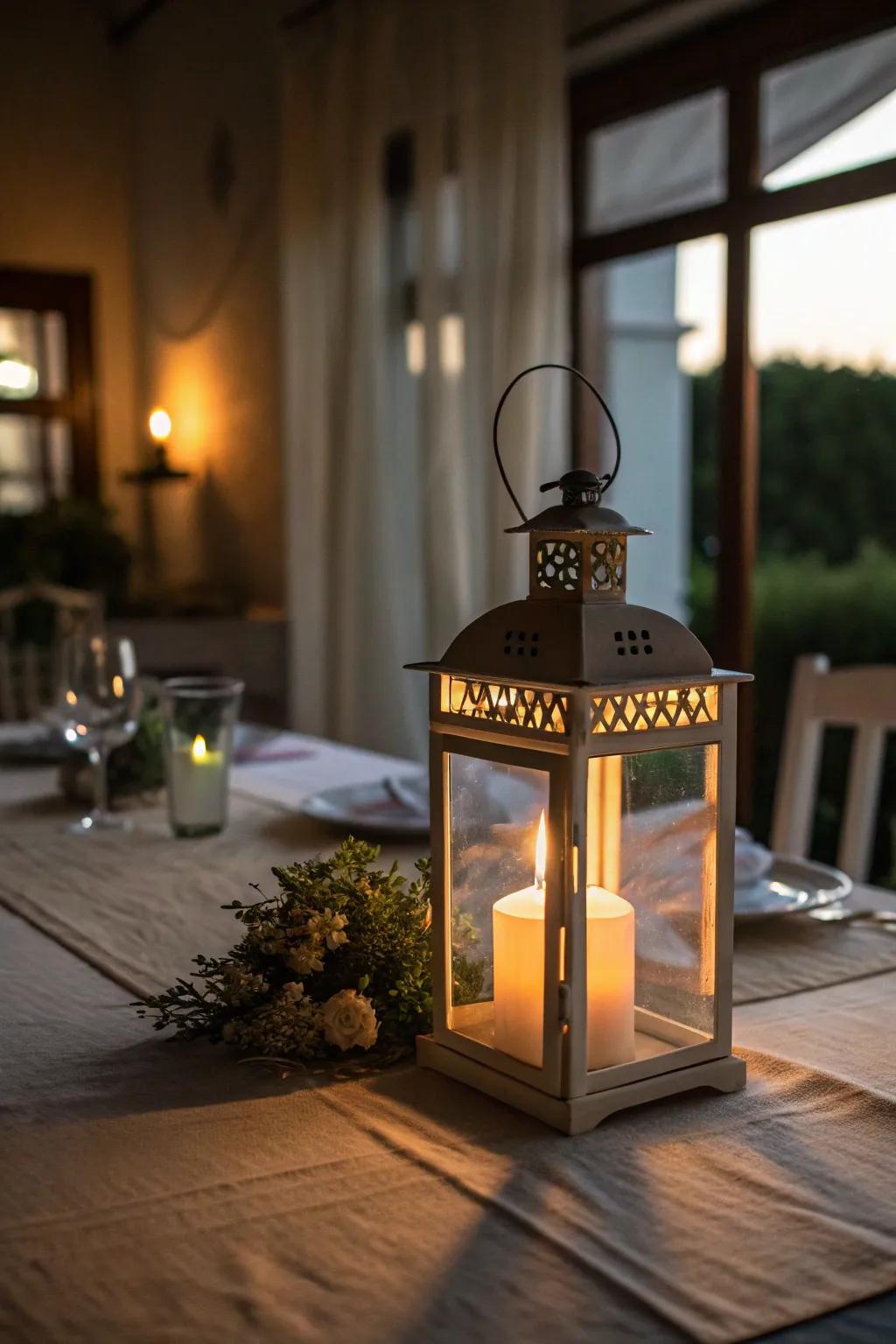 A lantern centerpiece contributing warmth and charm to your table.