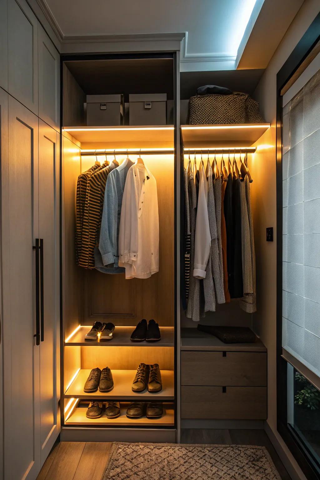 A combination of warm and cool lighting creates a balanced feel.