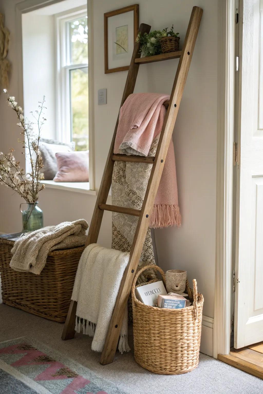 A ladder adds rustic charm and functionality.