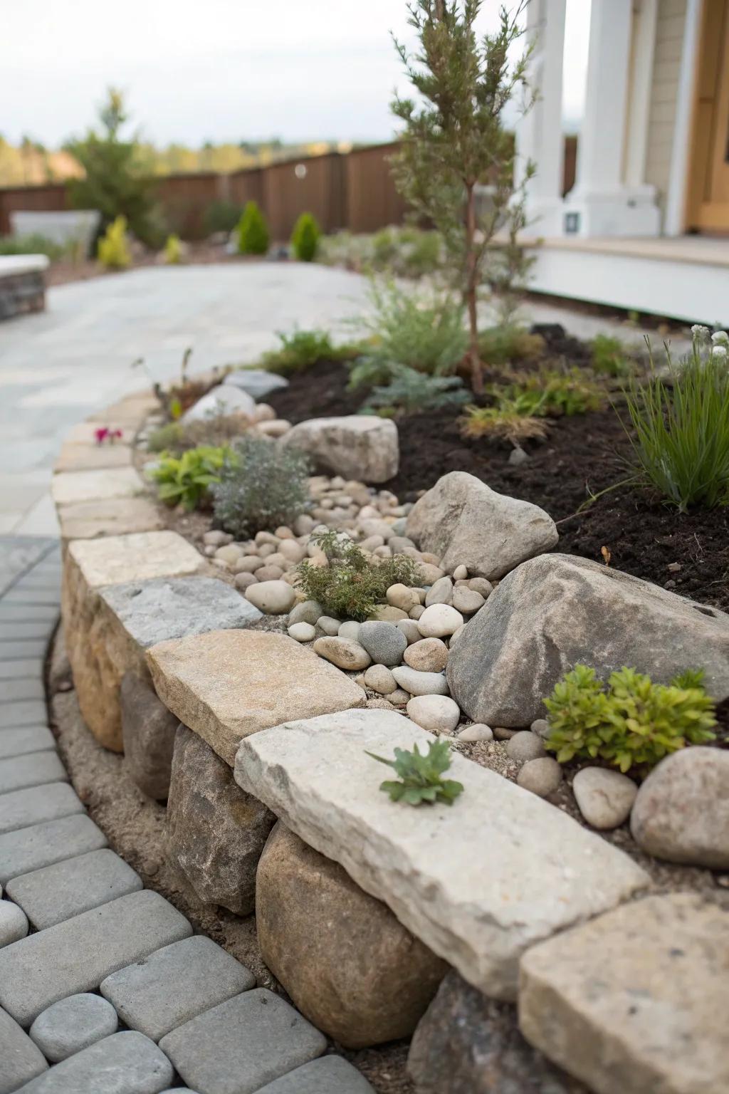 Elegant stone edging outlining this corner rock garden.