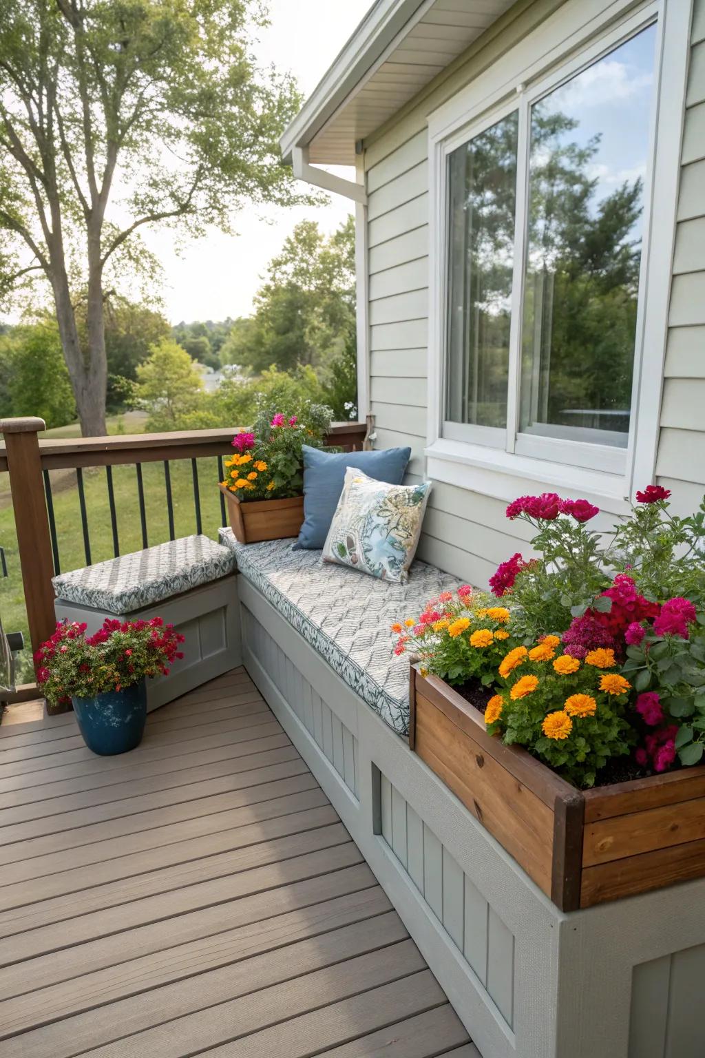 A personal touch through a DIY bench and planter on a compact deck.