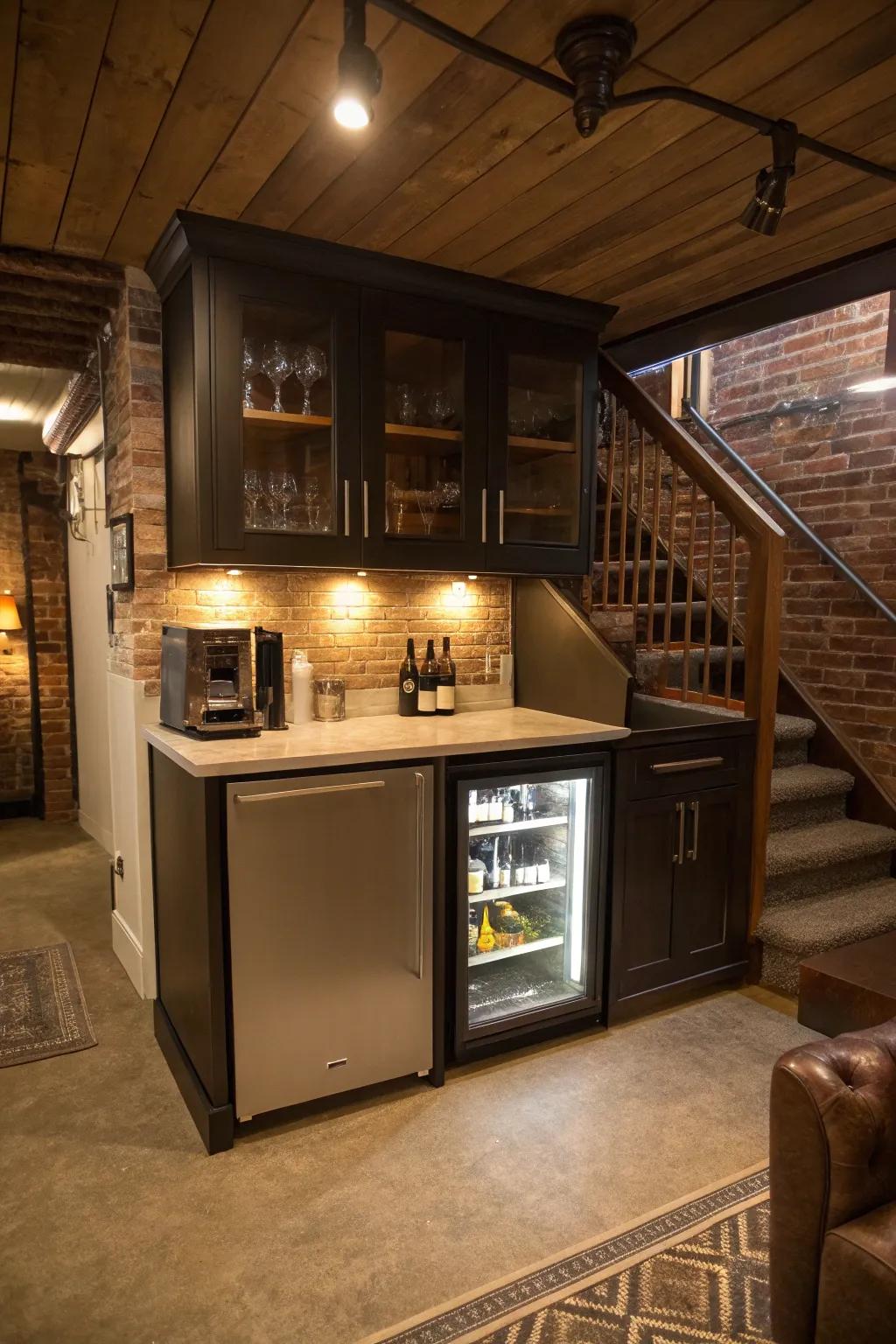 Transform your basement into an entertaining hub with a small beverage station.