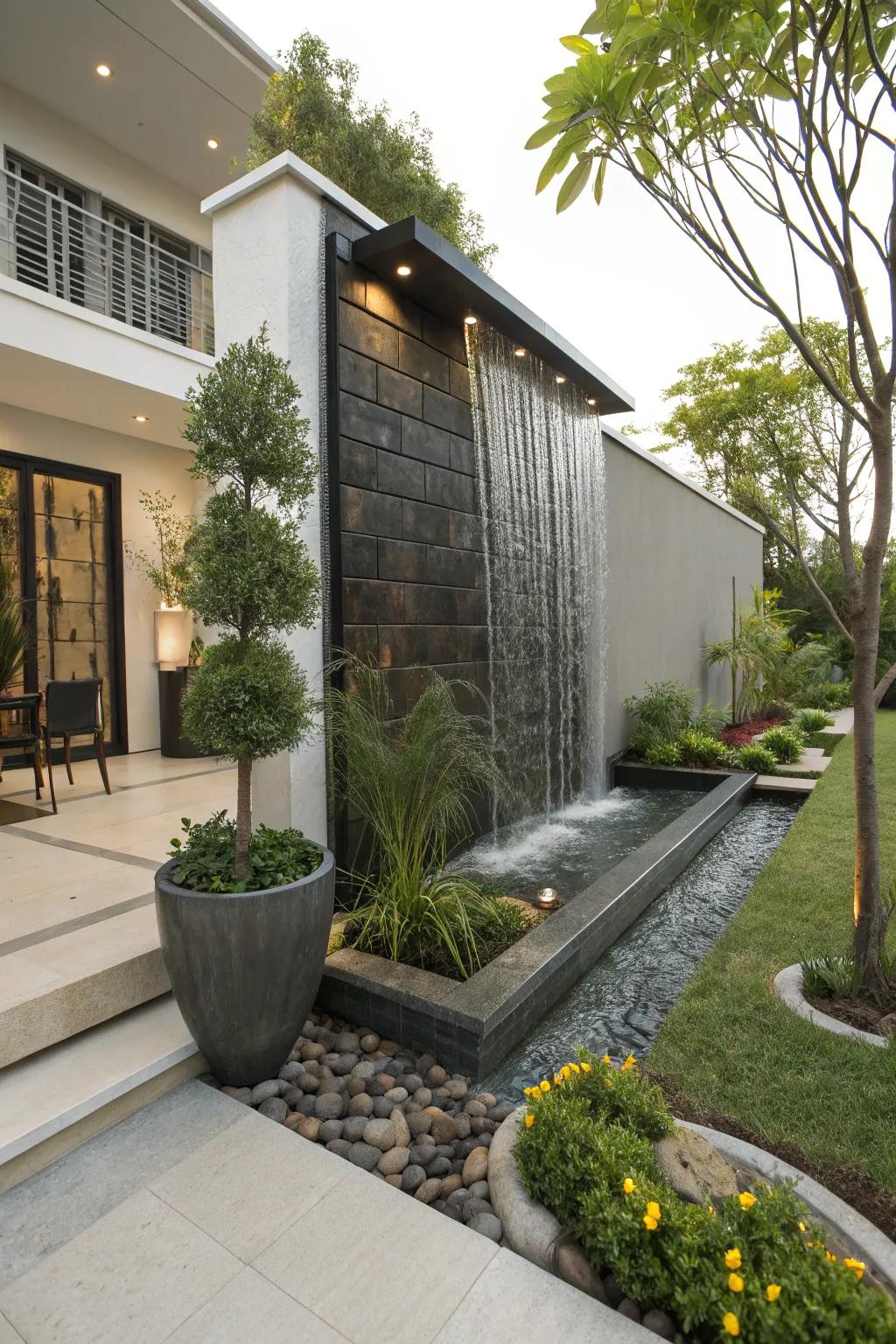 A cascading water partition provides a striking visual element.