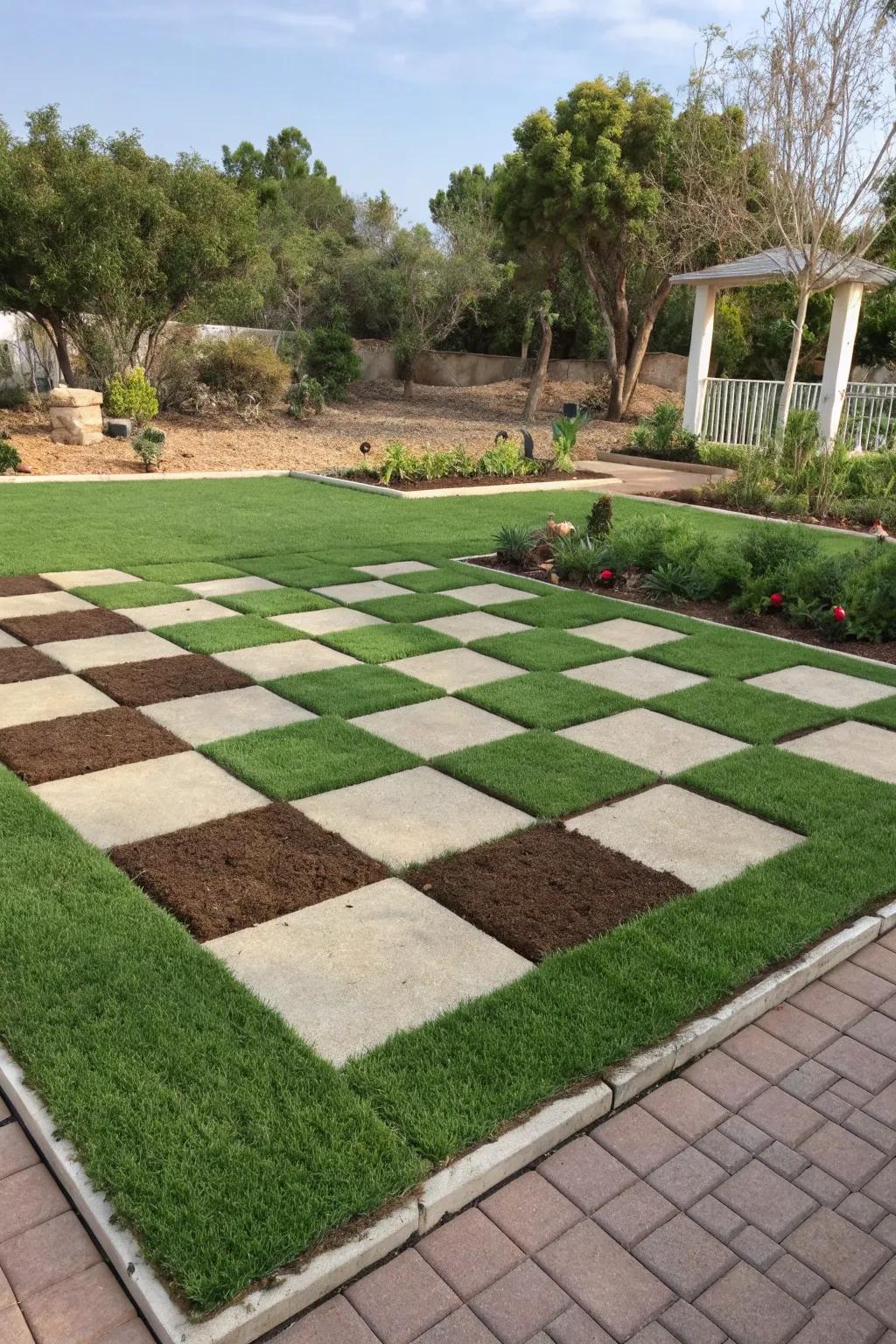 An engaging checkerboard design employing synthetic turf.
