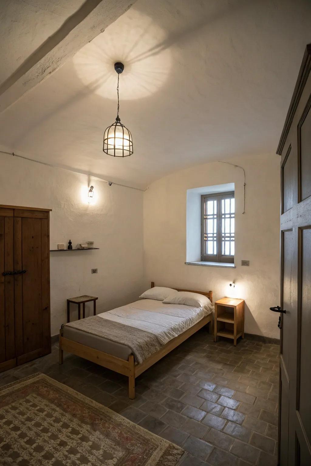 Stylish lighting enhances the room's atmosphere.