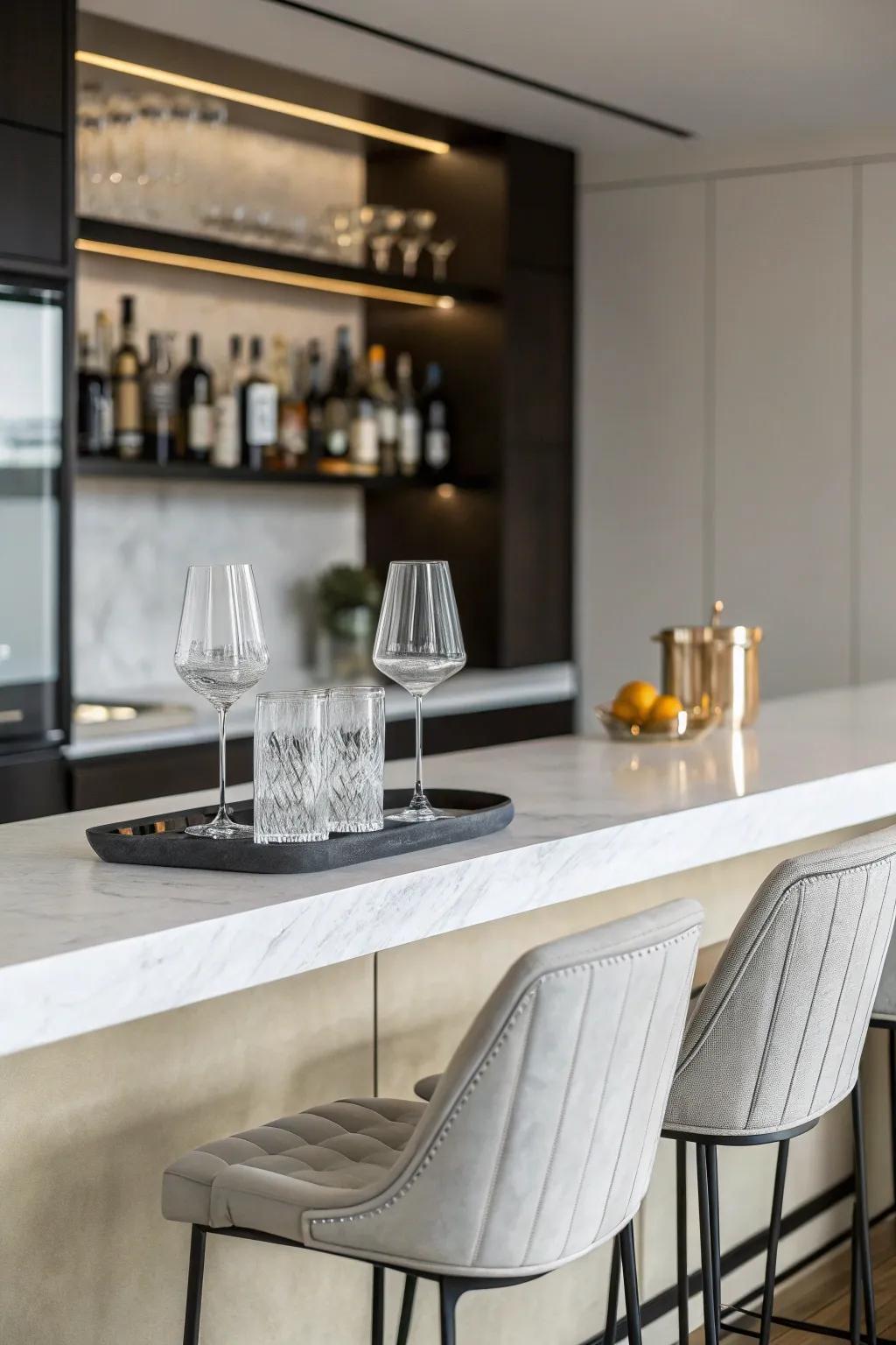 A simple design makes a calm and modern home bar setting.