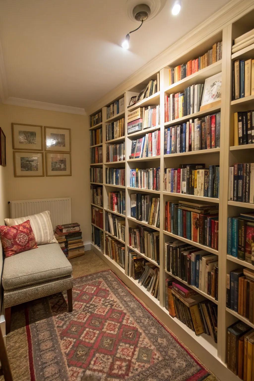 Floor-to-ceiling shelving delivers ample storage solutions.
