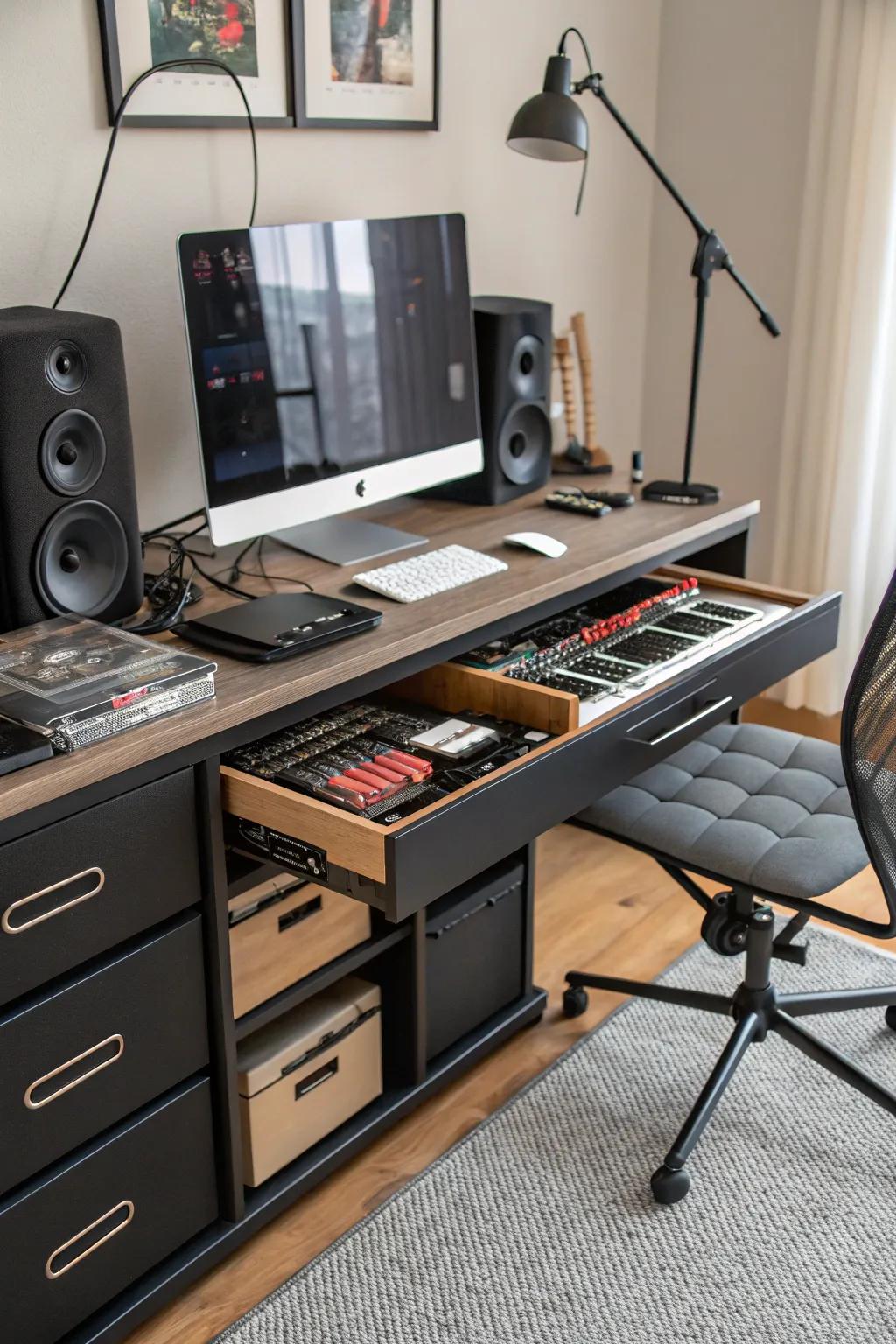 Storage beneath the desk aids in preserving a tidy and arranged space.