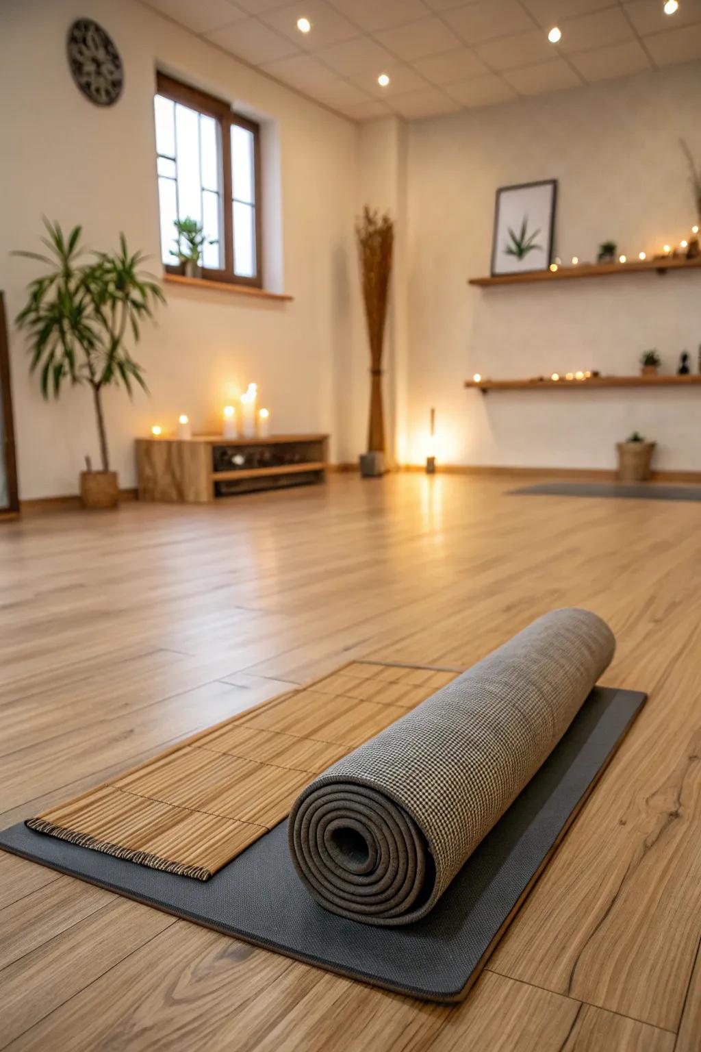 Yoga room featuring sustainable bamboo flooring.