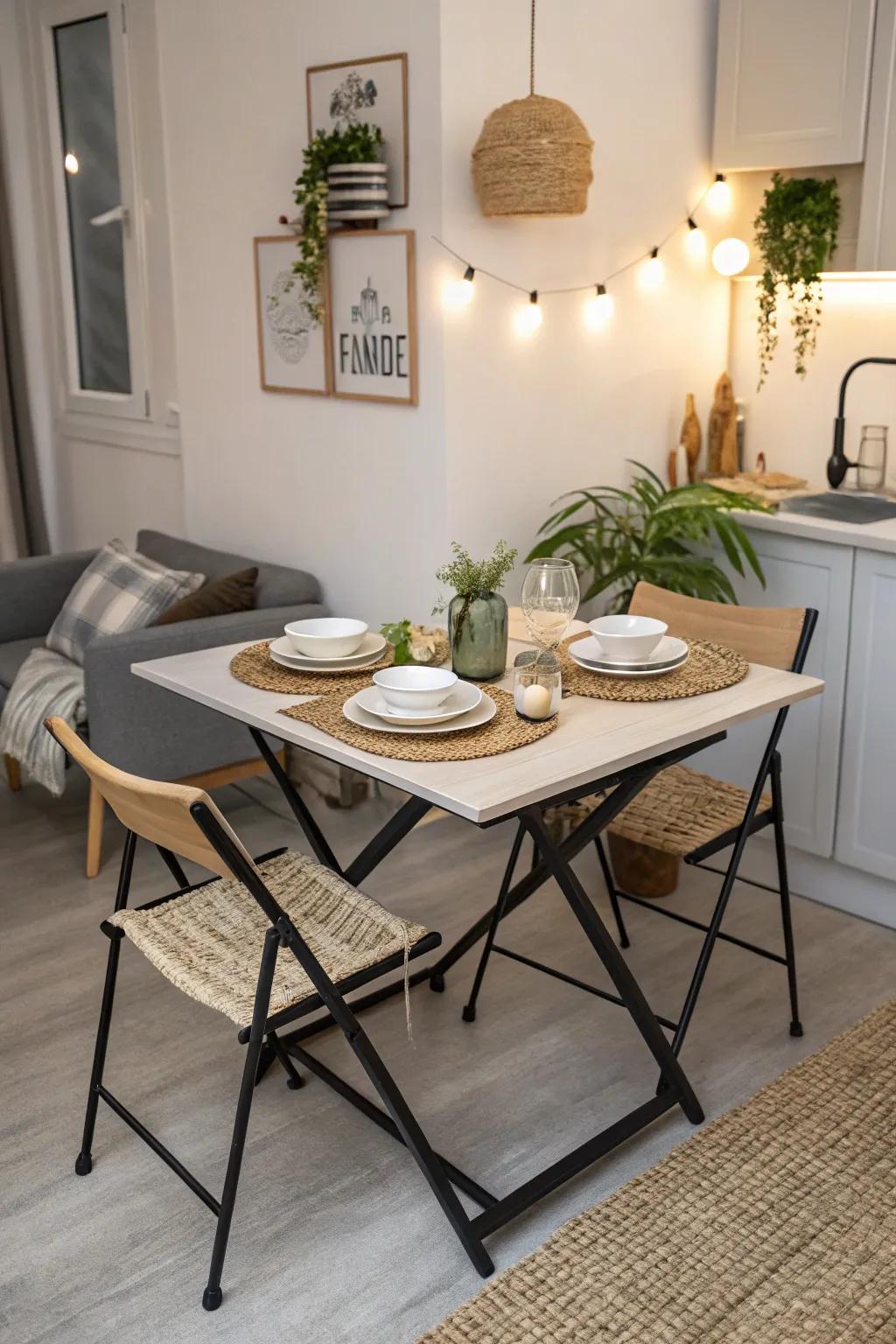 A small dining space with a table that pops up to make the space flexible.