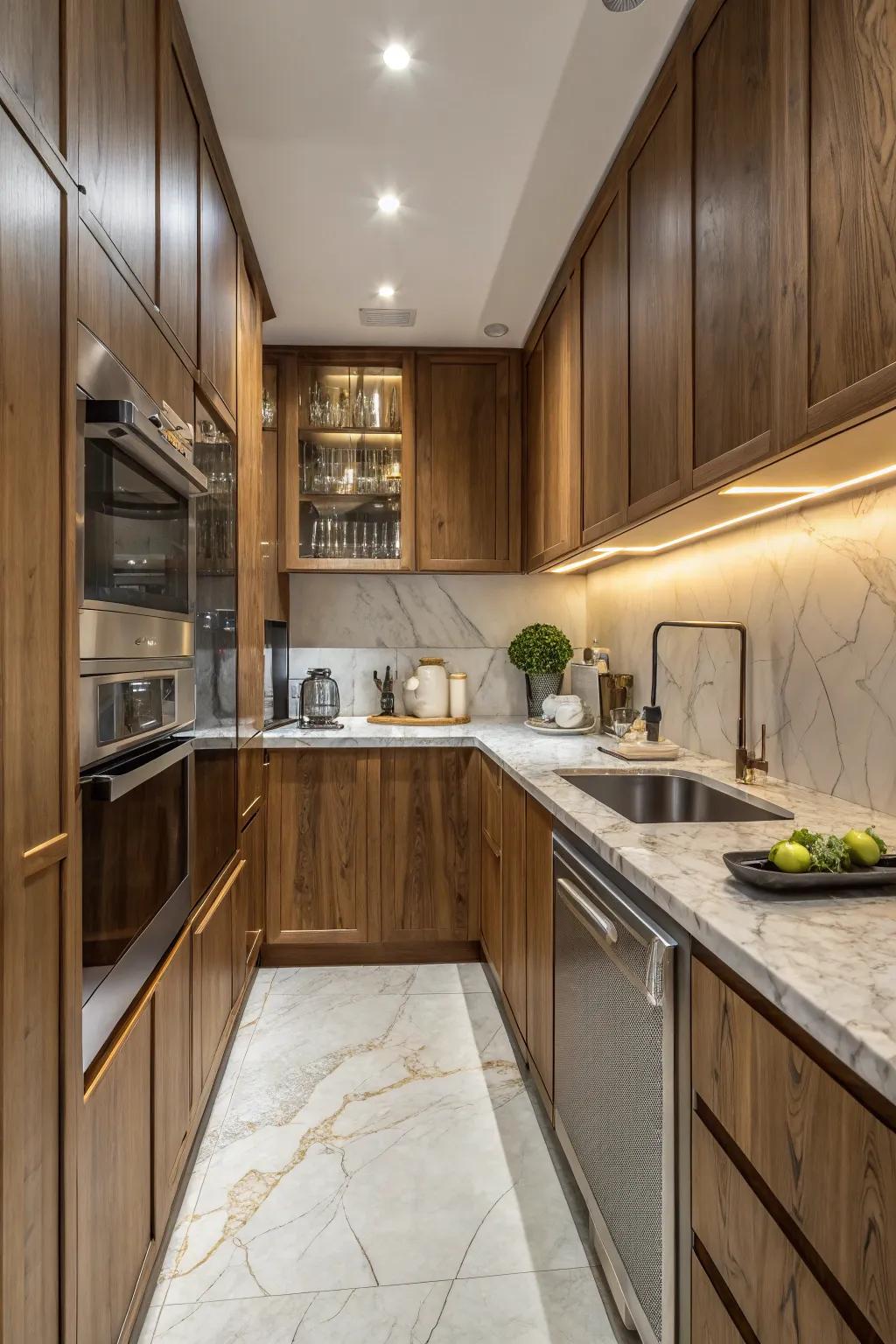Contrasting textures infuse profundity into a petite kitchen.