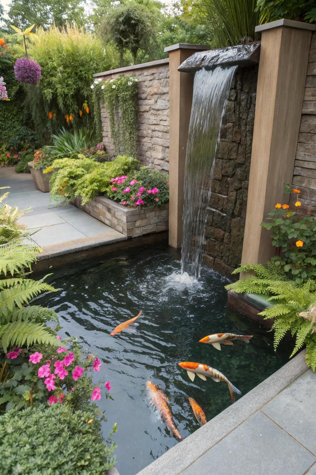 A captivating vertical water feature enhances this small water garden.