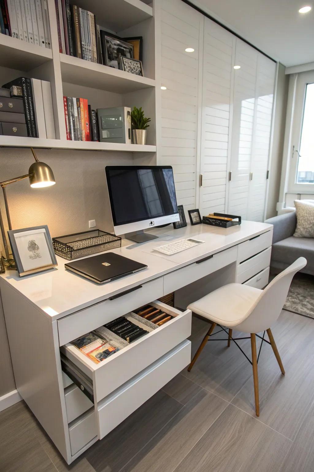 Concealed storage helps maintain a clean and organized workspace.