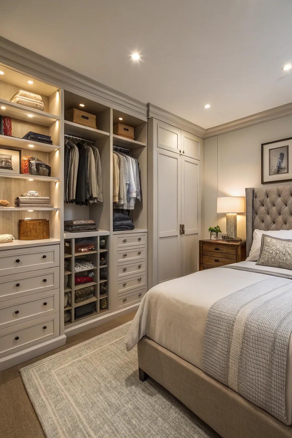 Integrated storage solutions uphold organization within a small primary bedroom.
