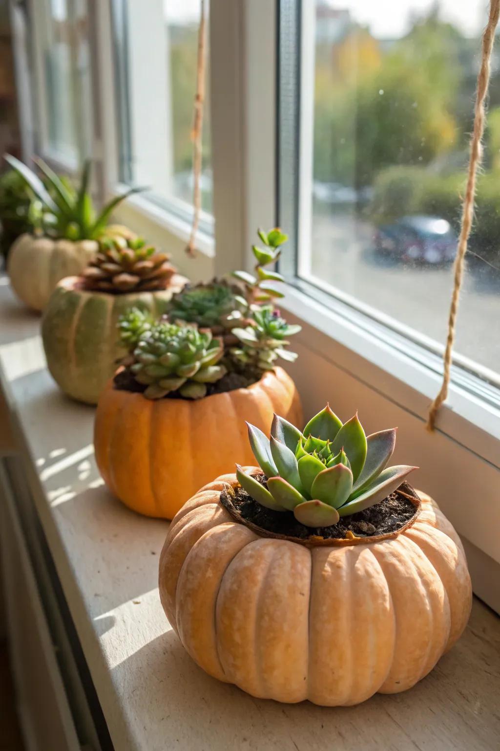 Pumpkins filled with succulents contribute a touch of greenery to autumn decorations.