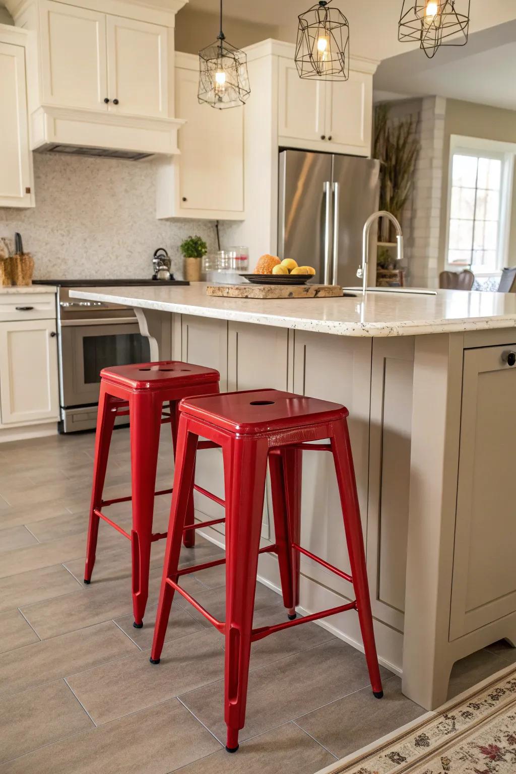 Fun crimson bar stools adding color to a grey kitchen.