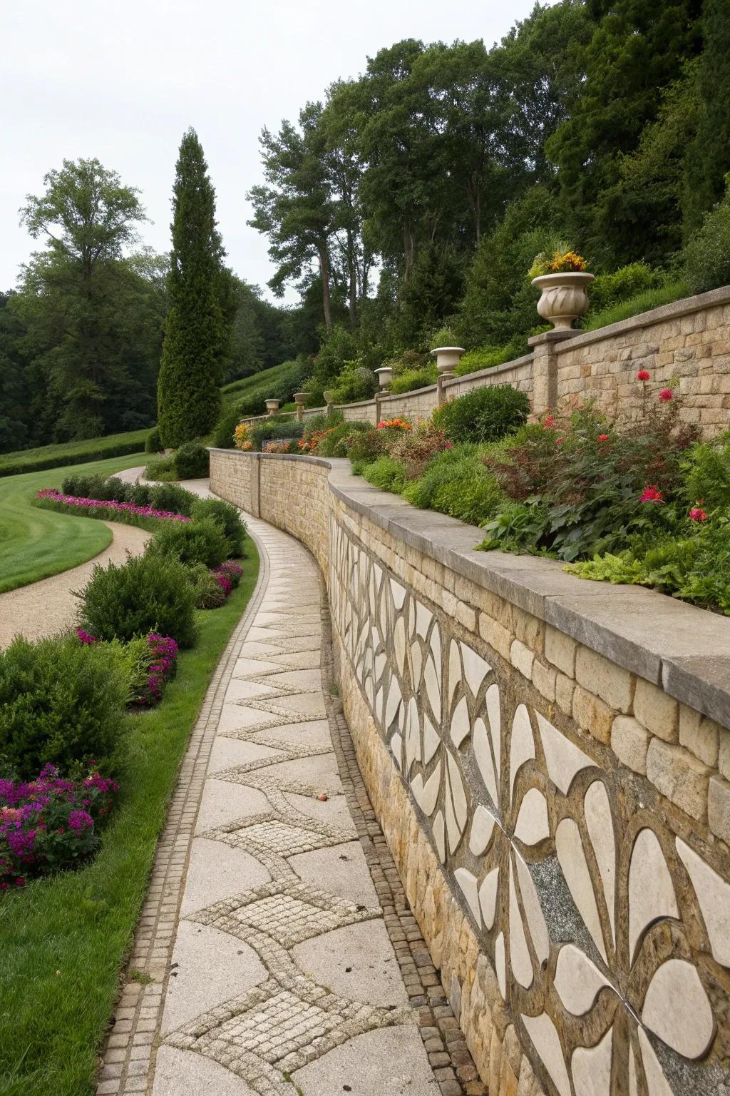 Artistic stone patterns transmute supporting partitions into artistic creations.